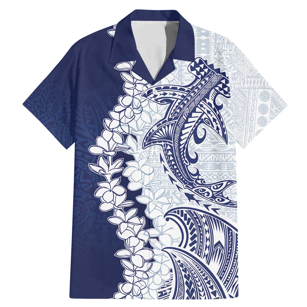 Polynesian Navy Blue Plumeria Lei Family Matching Mermaid Dress and Hawaiian Shirt with Hammerhead Shark LT7 Dad's Shirt - Short Sleeve Navy Blue - Polynesian Pride