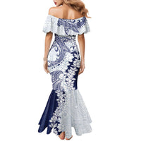 Polynesian Navy Blue Plumeria Lei Family Matching Mermaid Dress and Hawaiian Shirt with Hammerhead Shark LT7 - Polynesian Pride