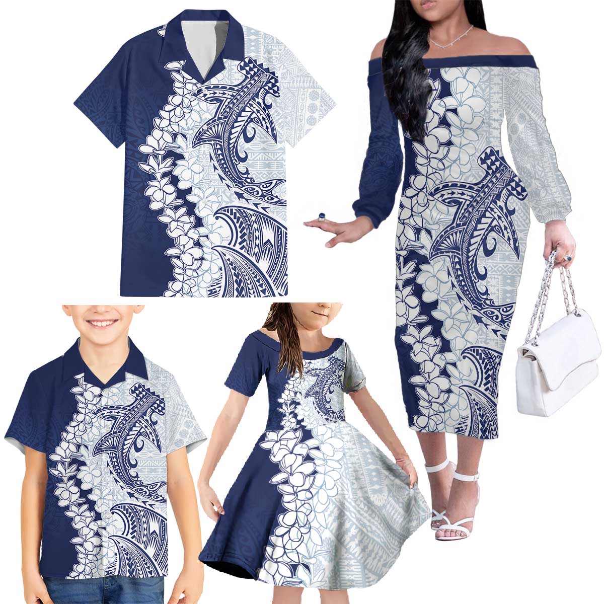 Polynesian Navy Blue Plumeria Lei Family Matching Off The Shoulder Long Sleeve Dress and Hawaiian Shirt with Hammerhead Shark LT7 - Polynesian Pride