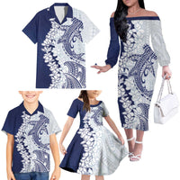 Polynesian Navy Blue Plumeria Lei Family Matching Off The Shoulder Long Sleeve Dress and Hawaiian Shirt with Hammerhead Shark LT7 - Polynesian Pride