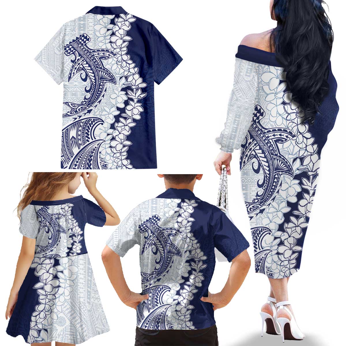 Polynesian Navy Blue Plumeria Lei Family Matching Off The Shoulder Long Sleeve Dress and Hawaiian Shirt with Hammerhead Shark LT7 - Polynesian Pride