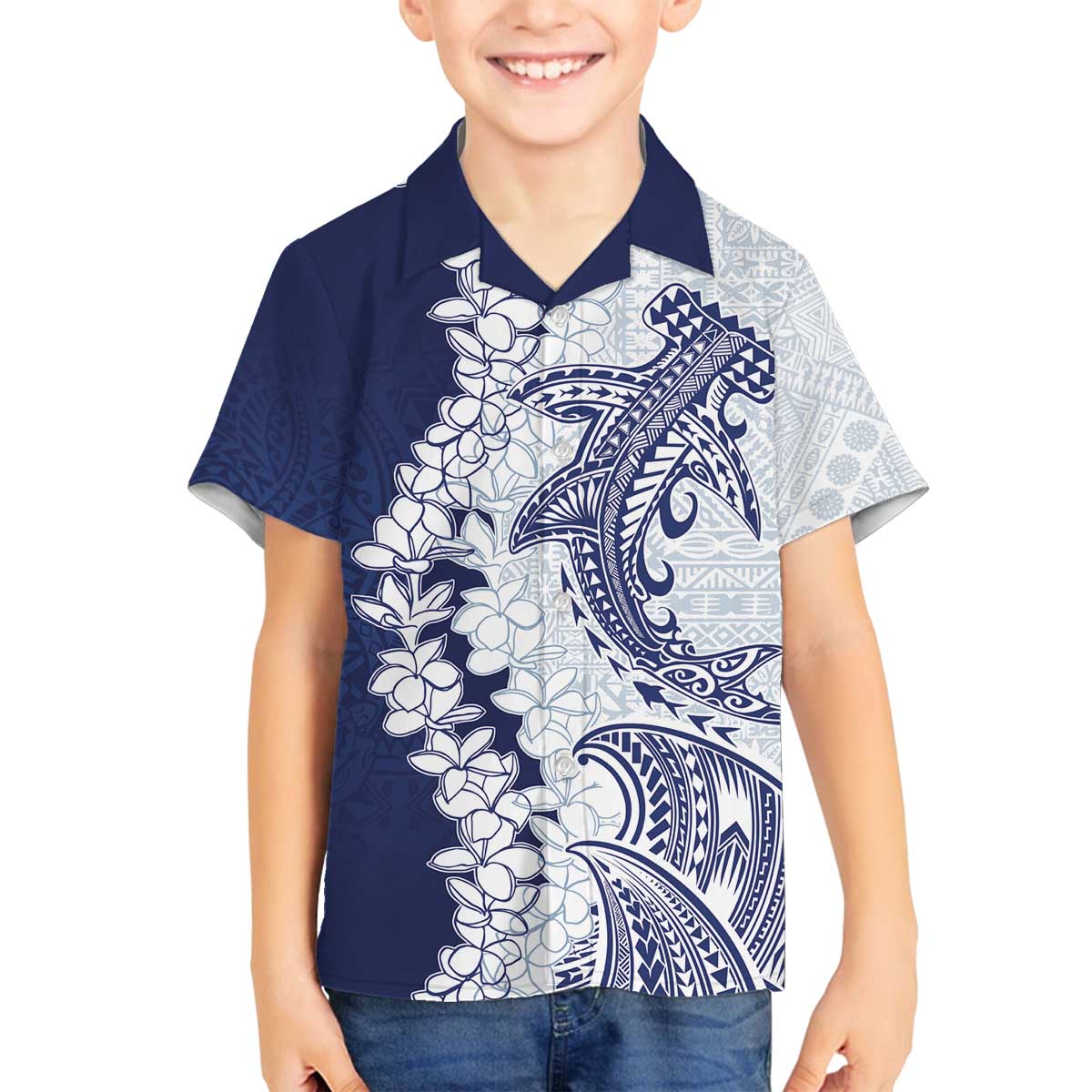 Polynesian Navy Blue Plumeria Lei Family Matching Off The Shoulder Long Sleeve Dress and Hawaiian Shirt with Hammerhead Shark LT7 Son's Shirt Navy Blue - Polynesian Pride