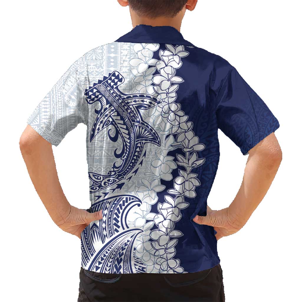 Polynesian Navy Blue Plumeria Lei Family Matching Off Shoulder Maxi Dress and Hawaiian Shirt with Hammerhead Shark LT7 - Polynesian Pride