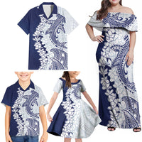 Polynesian Navy Blue Plumeria Lei Family Matching Off Shoulder Maxi Dress and Hawaiian Shirt with Hammerhead Shark LT7 - Polynesian Pride