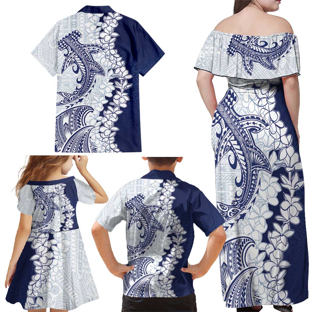 Polynesian Navy Blue Plumeria Lei Family Matching Off Shoulder Maxi Dress and Hawaiian Shirt with Hammerhead Shark LT7 - Polynesian Pride