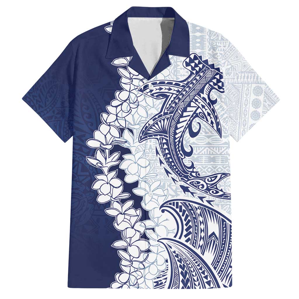 Polynesian Navy Blue Plumeria Lei Family Matching Off Shoulder Maxi Dress and Hawaiian Shirt with Hammerhead Shark LT7 Dad's Shirt - Short Sleeve Navy Blue - Polynesian Pride