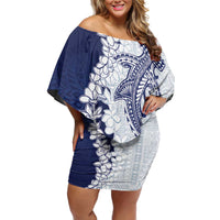 Polynesian Navy Blue Plumeria Lei Family Matching Off Shoulder Short Dress and Hawaiian Shirt with Hammerhead Shark LT7 Mom's Dress Navy Blue - Polynesian Pride