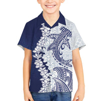 Polynesian Navy Blue Plumeria Lei Family Matching Off Shoulder Short Dress and Hawaiian Shirt with Hammerhead Shark LT7 Son's Shirt Navy Blue - Polynesian Pride