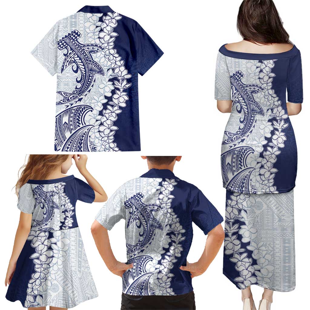 Polynesian Navy Blue Plumeria Lei Family Matching Puletasi and Hawaiian Shirt with Hammerhead Shark LT7 - Polynesian Pride
