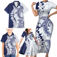 Polynesian Navy Blue Plumeria Lei Family Matching Short Sleeve Bodycon Dress and Hawaiian Shirt with Hammerhead Shark LT7 - Polynesian Pride