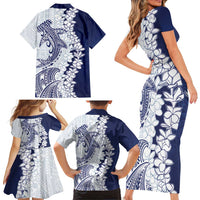 Polynesian Navy Blue Plumeria Lei Family Matching Short Sleeve Bodycon Dress and Hawaiian Shirt with Hammerhead Shark LT7 - Polynesian Pride