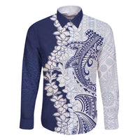 Polynesian Navy Blue Plumeria Lei Family Matching Short Sleeve Bodycon Dress and Hawaiian Shirt with Hammerhead Shark LT7 Dad's Shirt - Long Sleeve Navy Blue - Polynesian Pride