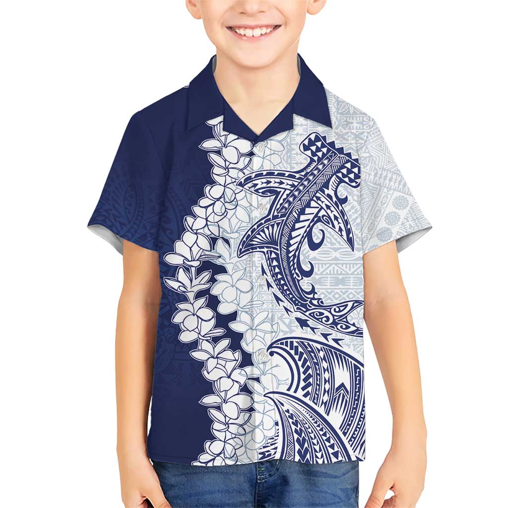 Polynesian Navy Blue Plumeria Lei Family Matching Short Sleeve Bodycon Dress and Hawaiian Shirt with Hammerhead Shark LT7 Son's Shirt Navy Blue - Polynesian Pride