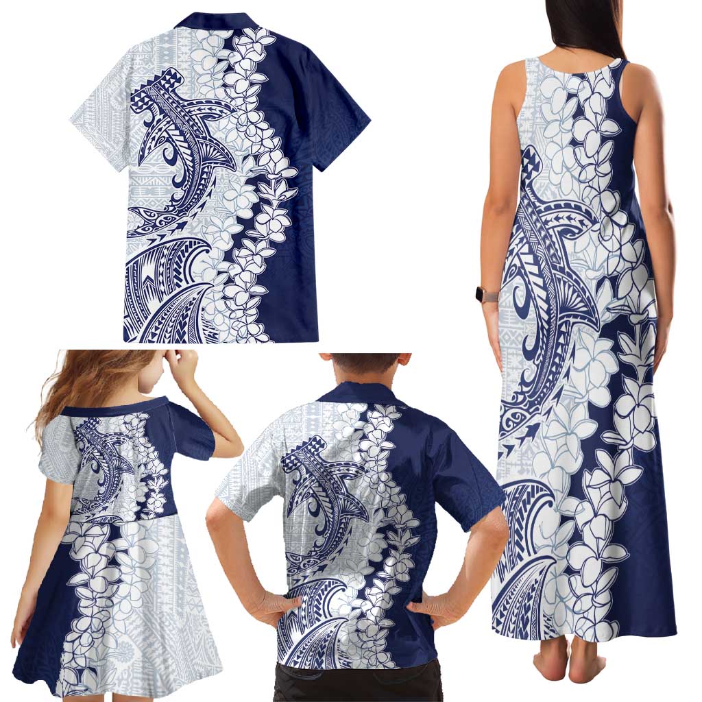 Polynesian Navy Blue Plumeria Lei Family Matching Tank Maxi Dress and Hawaiian Shirt with Hammerhead Shark LT7 - Polynesian Pride