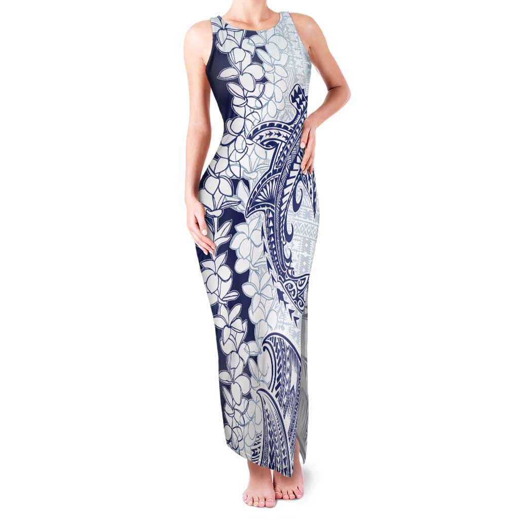 Polynesian Navy Blue Plumeria Lei Family Matching Tank Maxi Dress and Hawaiian Shirt with Hammerhead Shark LT7 Mom's Dress Navy Blue - Polynesian Pride