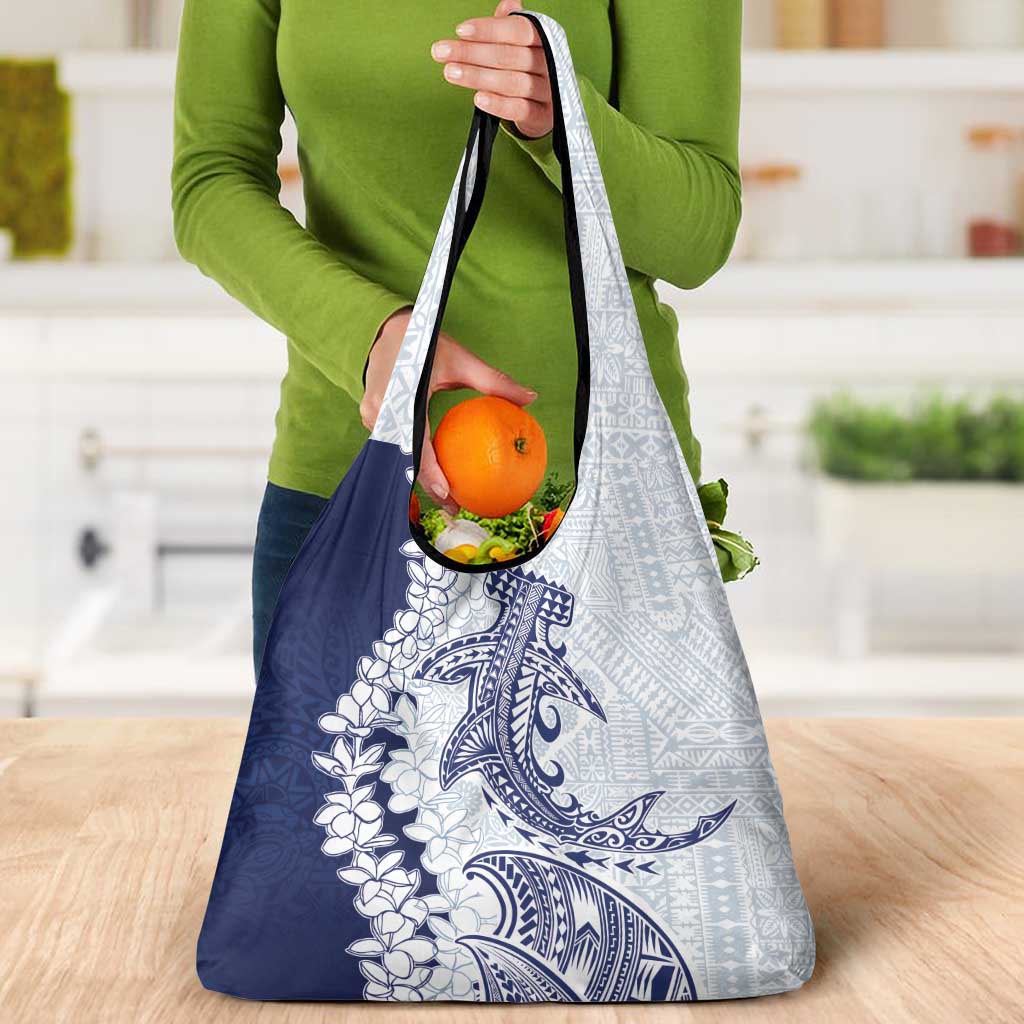 Polynesian Navy Blue Plumeria Lei Grocery Bag with Hammerhead Shark
