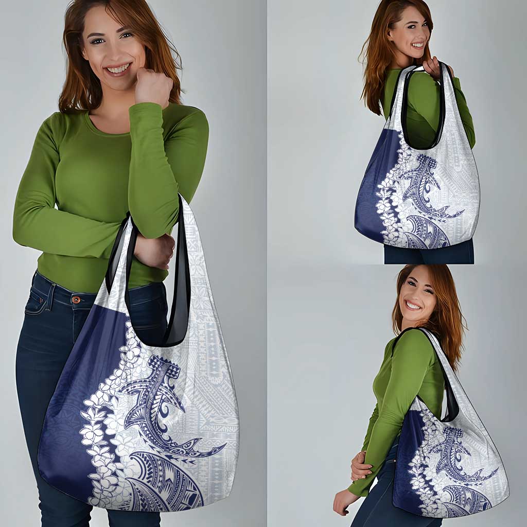 Polynesian Navy Blue Plumeria Lei Grocery Bag with Hammerhead Shark