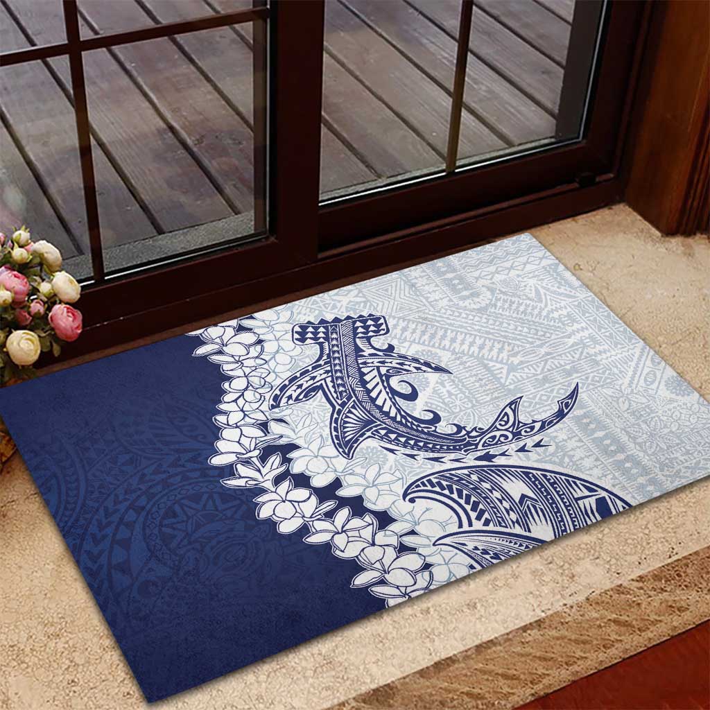 Polynesian Navy Blue Plumeria Lei Rubber Doormat with Hammerhead Shark