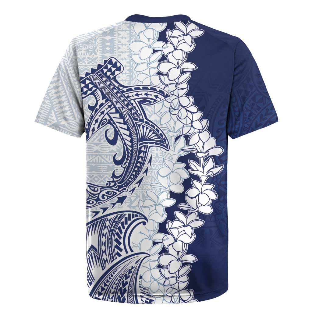 Polynesian Navy Blue Plumeria Lei Rugby Jersey with Hammerhead Shark