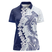 Polynesian Navy Blue Plumeria Lei Women Polo Shirt with Hammerhead Shark