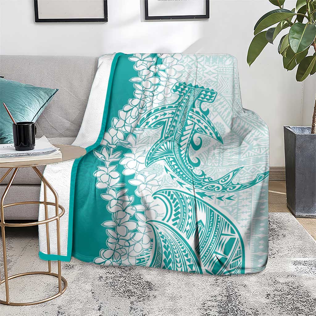 Polynesian Teal Plumeria Lei Blanket with Hammerhead Shark