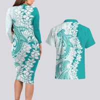 Polynesian Teal Plumeria Lei Couples Matching Long Sleeve Bodycon Dress and Hawaiian Shirt with Hammerhead Shark LT7 - Polynesian Pride