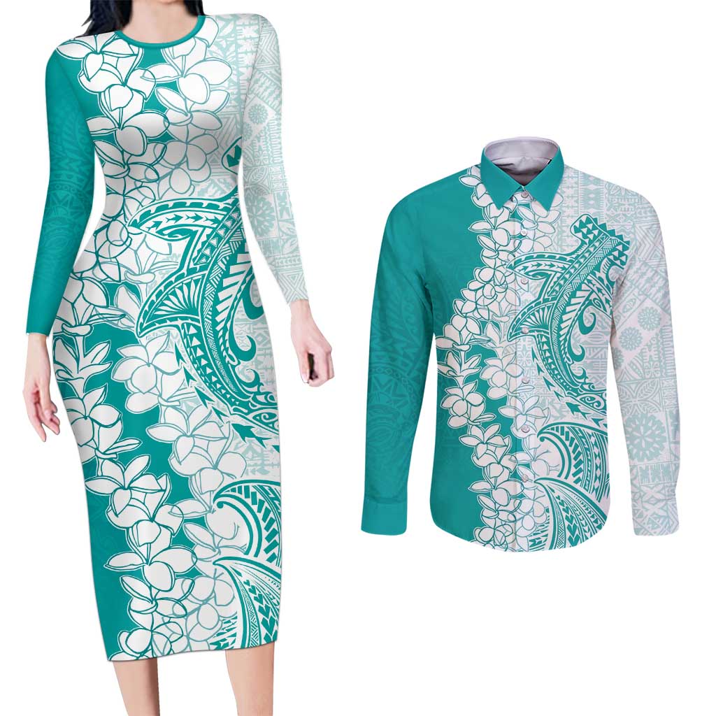 Polynesian Teal Plumeria Lei Couples Matching Long Sleeve Bodycon Dress and Long Sleeve Button Shirt with Hammerhead Shark LT7 Teal - Polynesian Pride