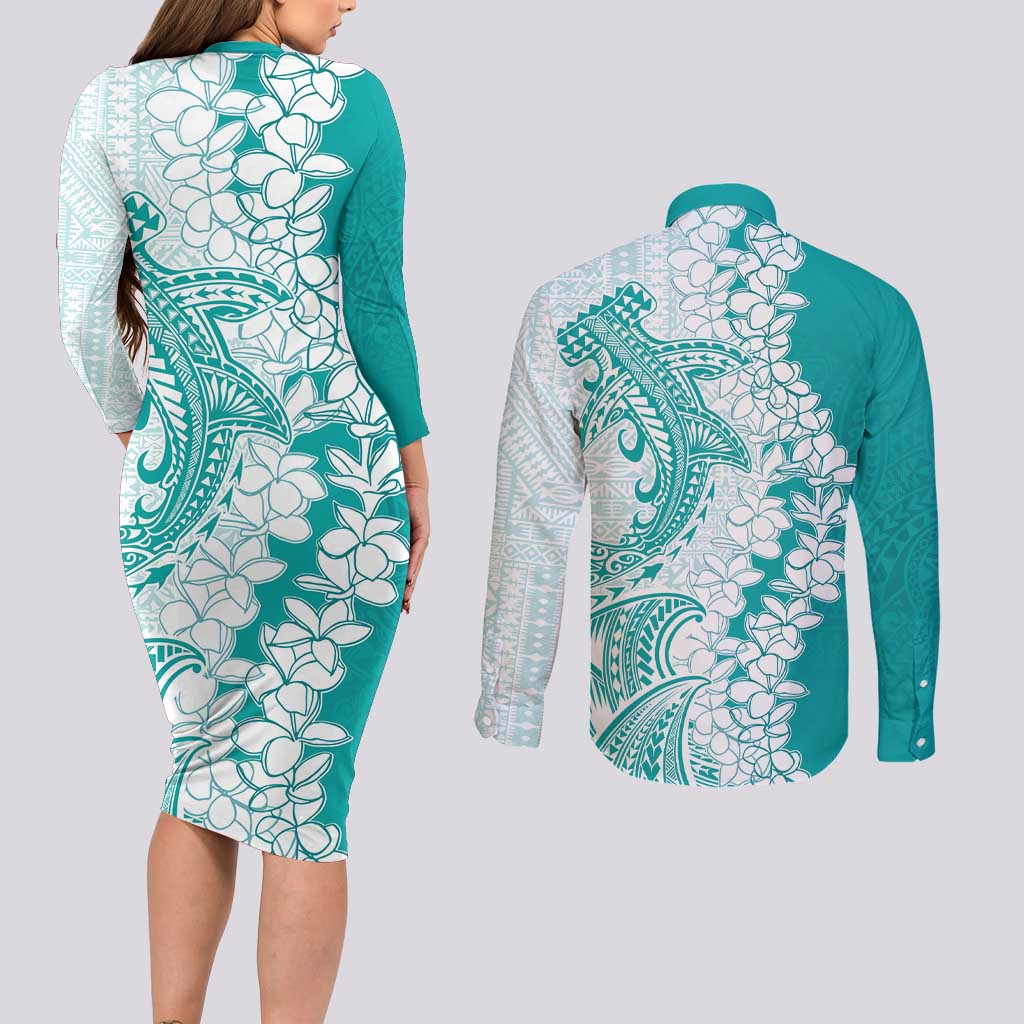 Polynesian Teal Plumeria Lei Couples Matching Long Sleeve Bodycon Dress and Long Sleeve Button Shirt with Hammerhead Shark LT7 - Polynesian Pride