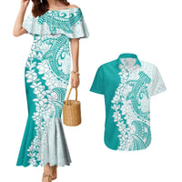Polynesian Teal Plumeria Lei Couples Matching Mermaid Dress and Hawaiian Shirt with Hammerhead Shark LT7 Teal - Polynesian Pride