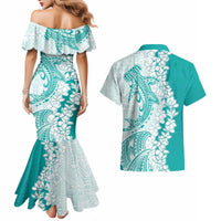 Polynesian Teal Plumeria Lei Couples Matching Mermaid Dress and Hawaiian Shirt with Hammerhead Shark LT7 - Polynesian Pride