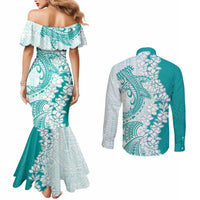 Polynesian Teal Plumeria Lei Couples Matching Mermaid Dress and Long Sleeve Button Shirt with Hammerhead Shark LT7 - Polynesian Pride