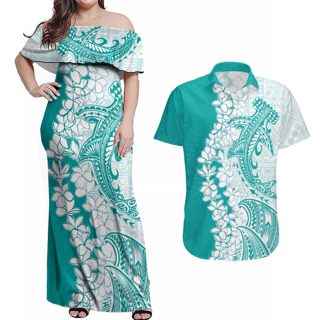 Polynesian Teal Plumeria Lei Couples Matching Off Shoulder Maxi Dress and Hawaiian Shirt with Hammerhead Shark LT7 Teal - Polynesian Pride