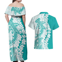 Polynesian Teal Plumeria Lei Couples Matching Off Shoulder Maxi Dress and Hawaiian Shirt with Hammerhead Shark LT7 - Polynesian Pride