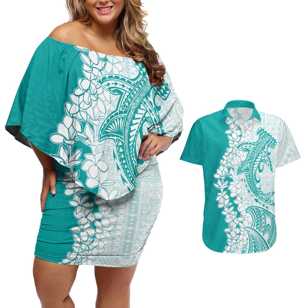 Polynesian Teal Plumeria Lei Couples Matching Off Shoulder Short Dress and Hawaiian Shirt with Hammerhead Shark LT7 Teal - Polynesian Pride