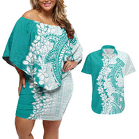 Polynesian Teal Plumeria Lei Couples Matching Off Shoulder Short Dress and Hawaiian Shirt with Hammerhead Shark LT7 Teal - Polynesian Pride