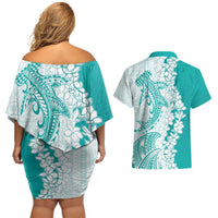 Polynesian Teal Plumeria Lei Couples Matching Off Shoulder Short Dress and Hawaiian Shirt with Hammerhead Shark LT7 - Polynesian Pride