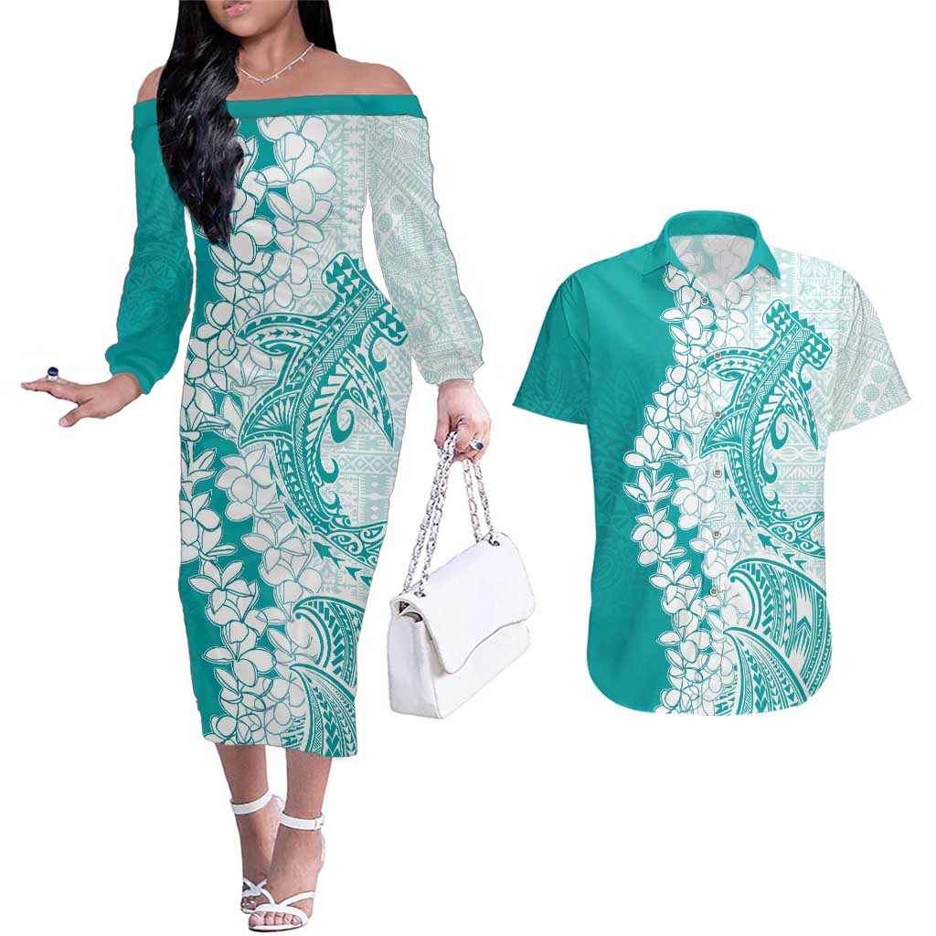 Polynesian Teal Plumeria Lei Couples Matching Off The Shoulder Long Sleeve Dress and Hawaiian Shirt with Hammerhead Shark LT7 Teal - Polynesian Pride