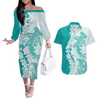 Polynesian Teal Plumeria Lei Couples Matching Off The Shoulder Long Sleeve Dress and Hawaiian Shirt with Hammerhead Shark LT7 Teal - Polynesian Pride