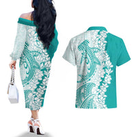 Polynesian Teal Plumeria Lei Couples Matching Off The Shoulder Long Sleeve Dress and Hawaiian Shirt with Hammerhead Shark LT7 - Polynesian Pride