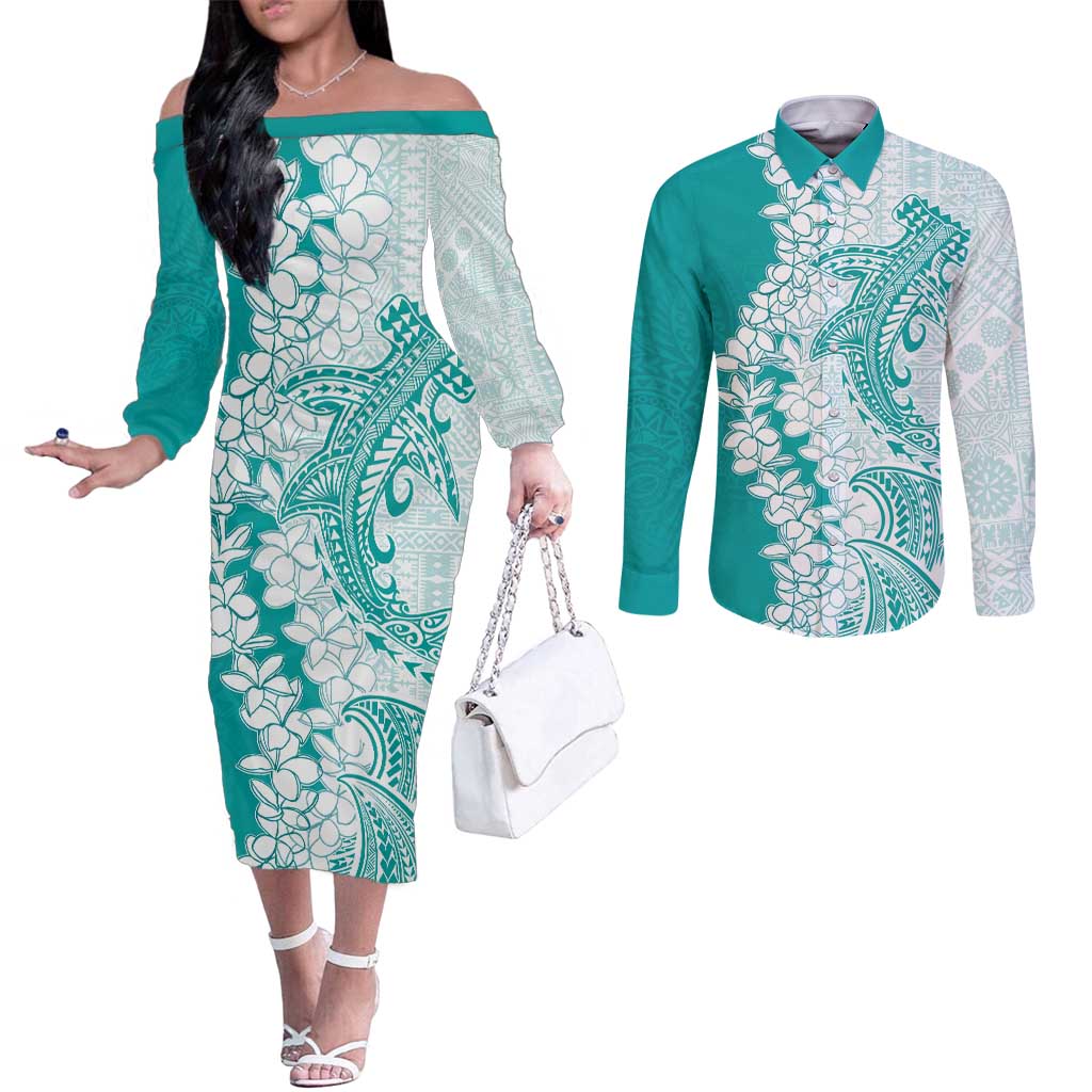 Polynesian Teal Plumeria Lei Couples Matching Off The Shoulder Long Sleeve Dress and Long Sleeve Button Shirt with Hammerhead Shark LT7 Teal - Polynesian Pride