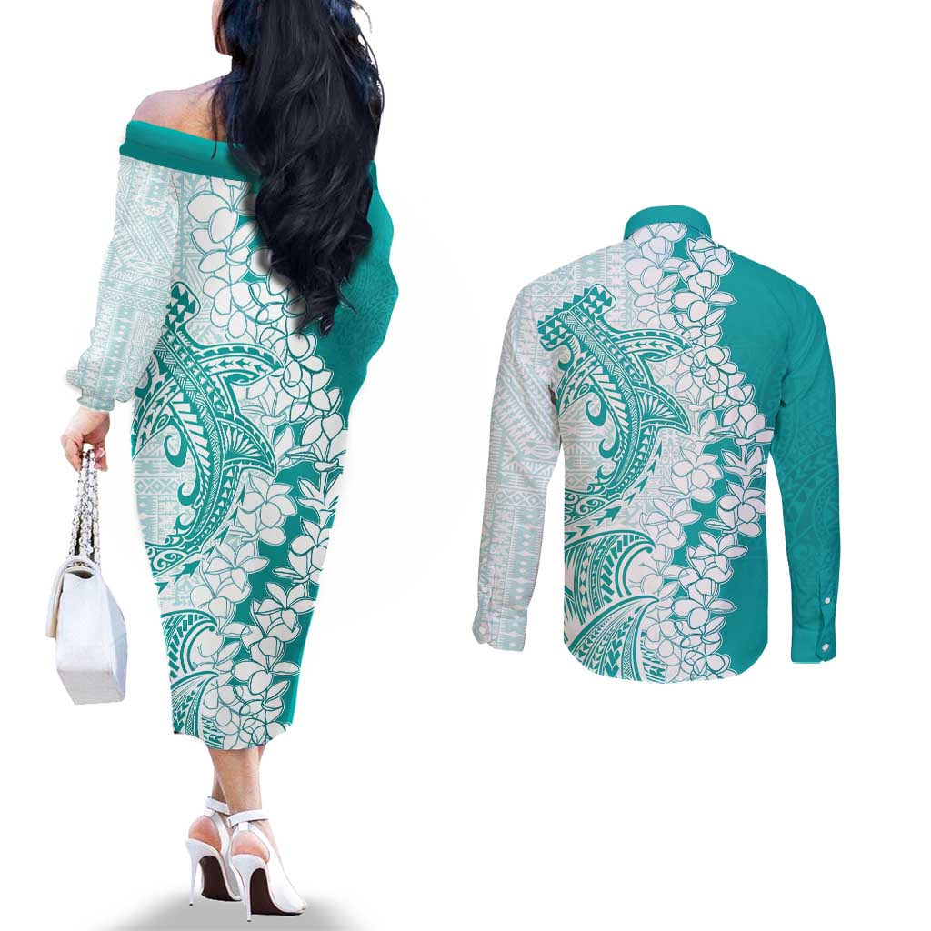 Polynesian Teal Plumeria Lei Couples Matching Off The Shoulder Long Sleeve Dress and Long Sleeve Button Shirt with Hammerhead Shark LT7 - Polynesian Pride