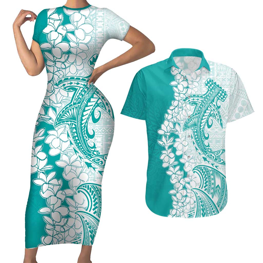 Polynesian Teal Plumeria Lei Couples Matching Short Sleeve Bodycon Dress and Hawaiian Shirt with Hammerhead Shark LT7 Teal - Polynesian Pride