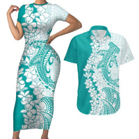 Polynesian Teal Plumeria Lei Couples Matching Short Sleeve Bodycon Dress and Hawaiian Shirt with Hammerhead Shark LT7 Teal - Polynesian Pride