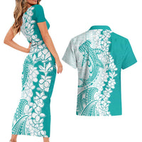 Polynesian Teal Plumeria Lei Couples Matching Short Sleeve Bodycon Dress and Hawaiian Shirt with Hammerhead Shark LT7 - Polynesian Pride