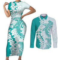Polynesian Teal Plumeria Lei Couples Matching Short Sleeve Bodycon Dress and Long Sleeve Button Shirt with Hammerhead Shark LT7 Teal - Polynesian Pride
