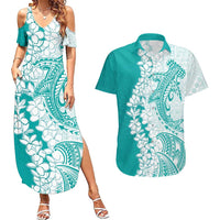 Polynesian Teal Plumeria Lei Couples Matching Summer Maxi Dress and Hawaiian Shirt with Hammerhead Shark LT7 Teal - Polynesian Pride