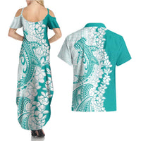 Polynesian Teal Plumeria Lei Couples Matching Summer Maxi Dress and Hawaiian Shirt with Hammerhead Shark LT7 - Polynesian Pride