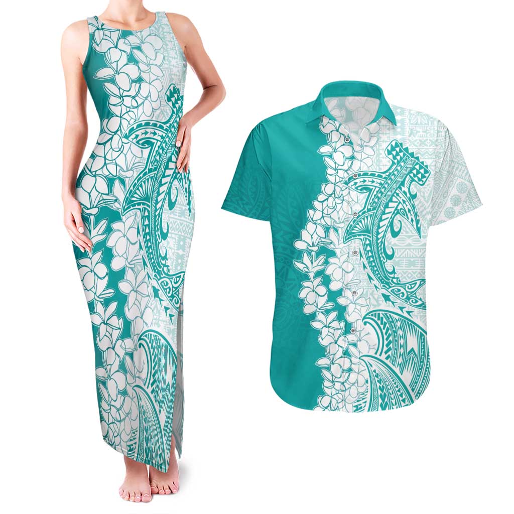 Polynesian Teal Plumeria Lei Couples Matching Tank Maxi Dress and Hawaiian Shirt with Hammerhead Shark LT7 Teal - Polynesian Pride