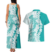 Polynesian Teal Plumeria Lei Couples Matching Tank Maxi Dress and Hawaiian Shirt with Hammerhead Shark LT7 - Polynesian Pride