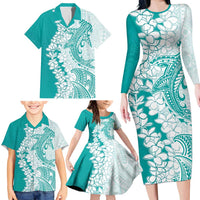 Polynesian Teal Plumeria Lei Family Matching Long Sleeve Bodycon Dress and Hawaiian Shirt with Hammerhead Shark LT7 - Polynesian Pride